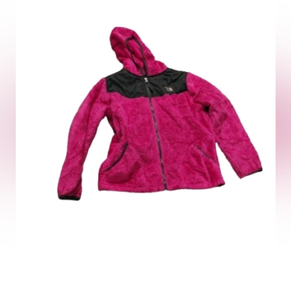 The North Face Girls Gray And Pink Fuzzy Hooded Fleece Jacket Sz 18